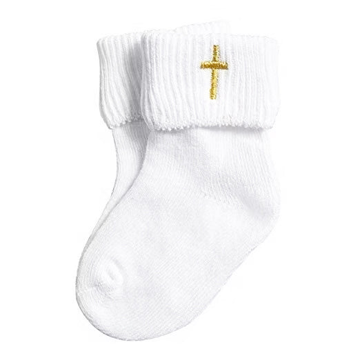 White sock with a gold cross on a white background