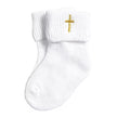 White sock with a gold cross on a white background