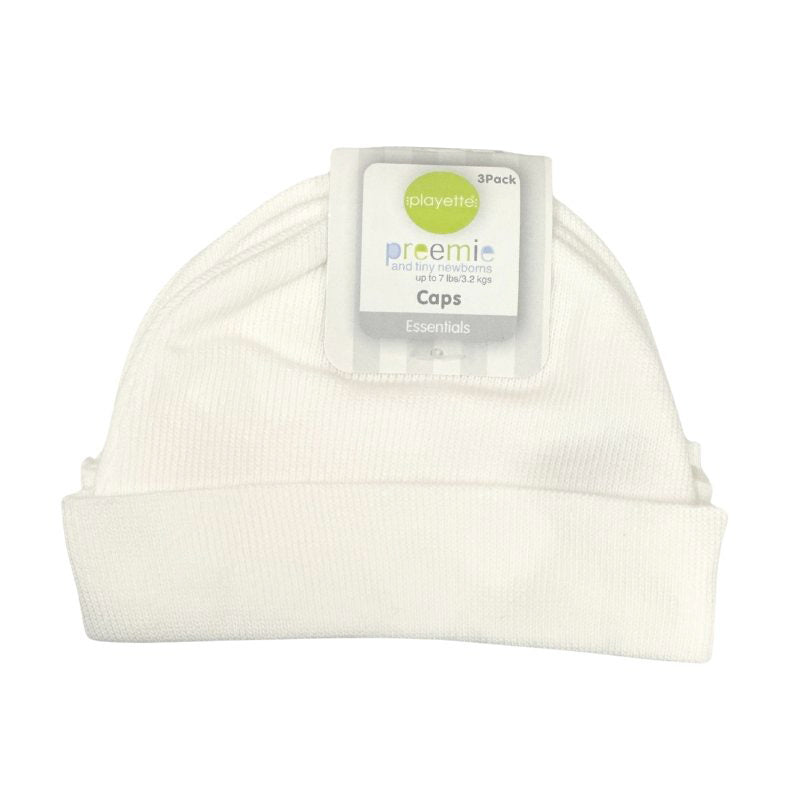 White baby hat with 'Playette Preemie' logo on a white background