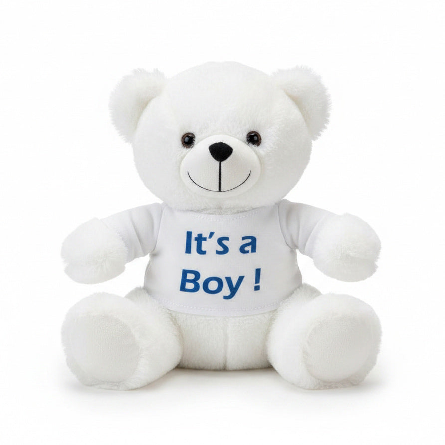 white teddy bear wearing a top with Its a boy on white background