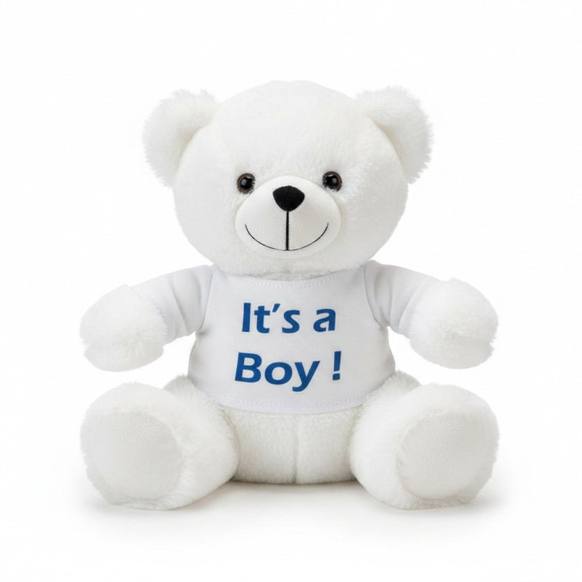 white teddy bear wearing a top with Its a boy on white background