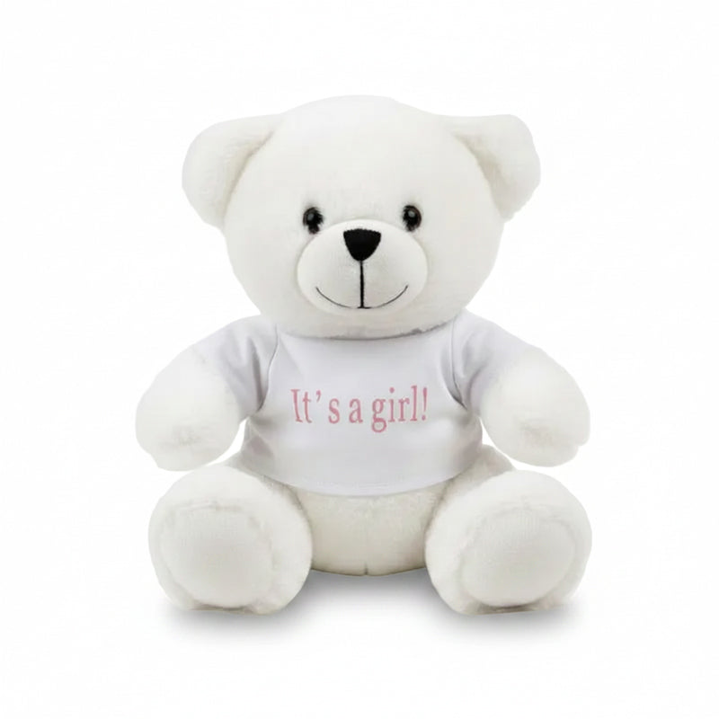 White bear with Its a Girl top on a white background