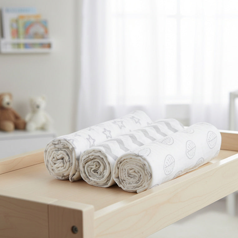 Three Cotton Large Soft Muslin Swaddle Blankets in baby nursery