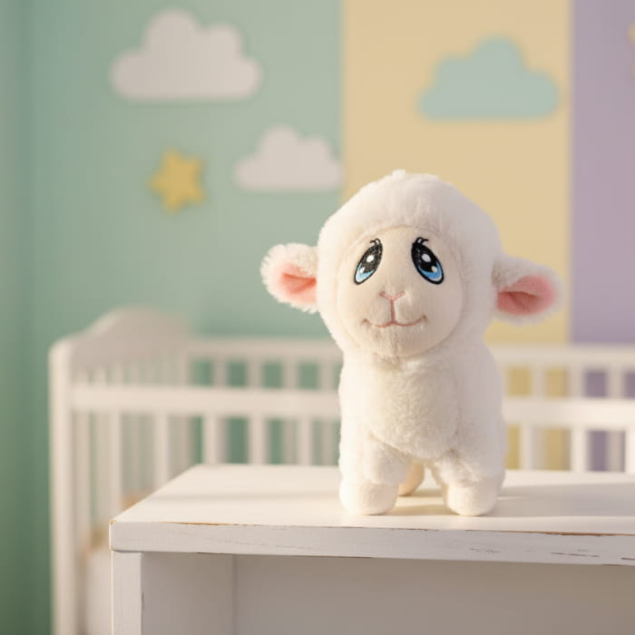 Plush white lamb toy on table in baby nursery
