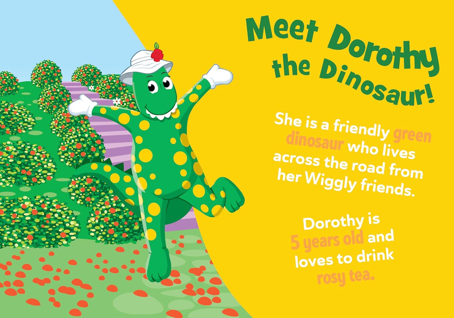 Illustration of a green dinosaur character with text introducing 'Dorothy the Dinosaur' in a colorful setting.