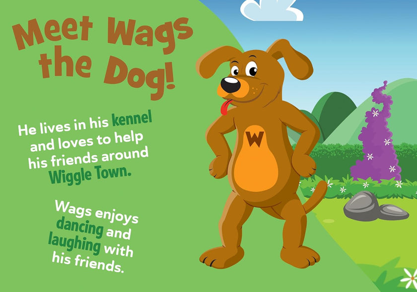 Cartoon dog character named Wags on a green background with text about his adventures in Wiggle Town.