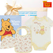 Winnie the Pooh-themed baby gift set with bib, hat, onesie, and Disney story book.