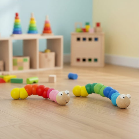 Colorful caterpillar-shaped toys on wooden floor