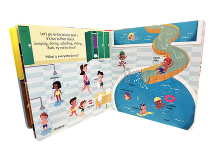 Illustrated children's book open to a page about a leisure pool with various activities.