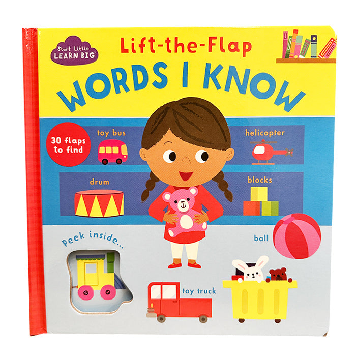 Book cover of 'Lift-the-Flap Words I Know' with a child holding a teddy bear and educational toys.