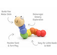 Colorful wooden caterpillar toy with benefits