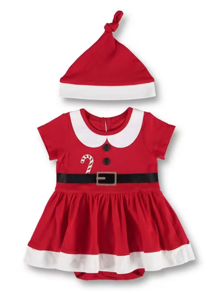 Red baby dress with white collar and hat, featuring a candy cane design on a white background.
