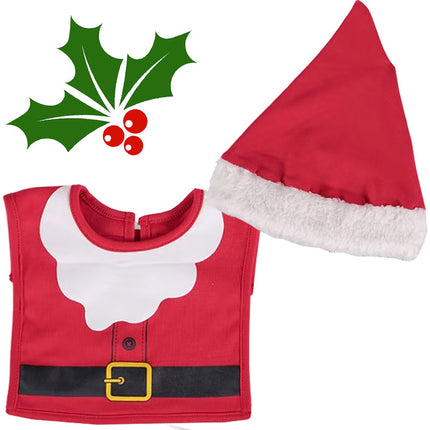 Red Santa outfit with white trim and holly leaf and berries on a white background
