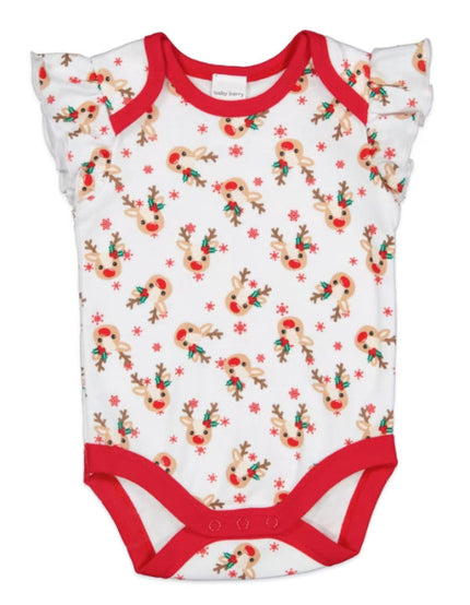 Baby onesie with reindeer and candy cane pattern on a white background