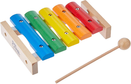 Colorful wooden xylophone with a mallet on a white background