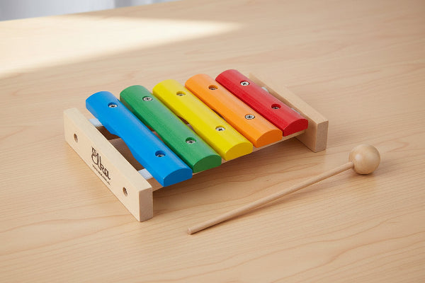 Colorful wooden xylophone with a mallet on a table