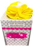 Yellow baby blossom headband in a decorative box with 'itty bitty & pretty' branding.