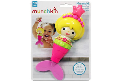 Munchkin mermaid bath toy packaging with a child and mermaid illustration on a white background.