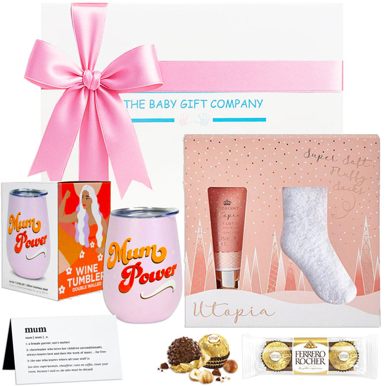 Baby gift set with 'Mum Power' tumblers, skincare products, and Ferrero Rocher chocolates from The Baby Gift Company.