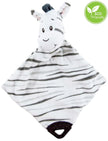 Zebra-shaped plush toy with an 'Eco Friendly' label on a white background