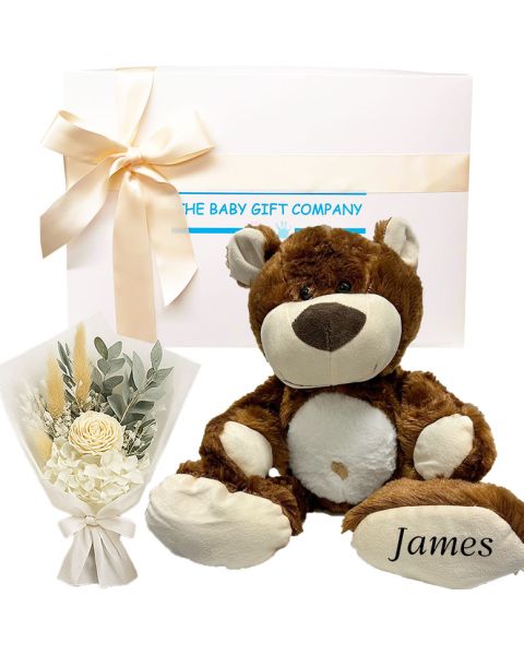 Bear Essentials Personalised Baby Gift Hamper with Dried Flowers
