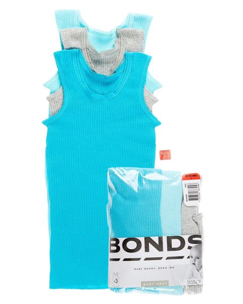 Bonds Blue Ribbed Cotton Boys Vest 3-Pack