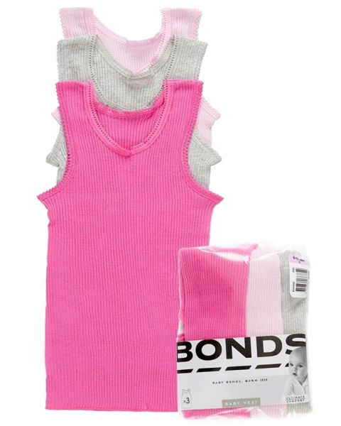 Bonds Pink Ribbed Cotton Girls Vest 3-Pack