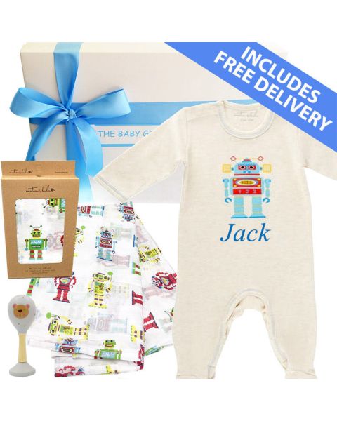 Bright and colourful baby boy gift hamper, personalised baby boy gifts
