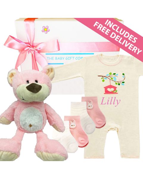 Bright Start Baby Girl Gift Hamper with pink teddy, bodysuit, and socks in signature gift box