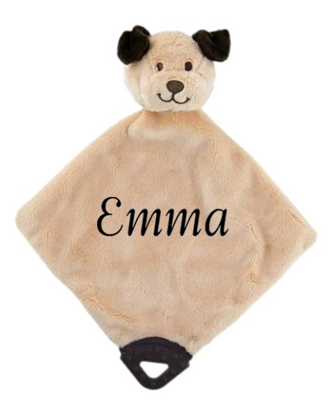 Dog personalised comforter toy, a beautifully crafted baby toy