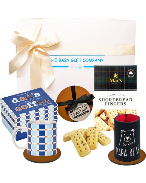 Just for Dad Gift Box with coffee mug, shortbread, papa bear drink cooler and coasters