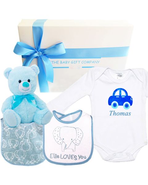 Newborn Essential Baby Boy Gift Hamper - a joyful way to welcome a new arrival and congratulate the proud parents.