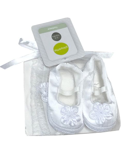 White Satin Shoes & Headband Baby Girl Set