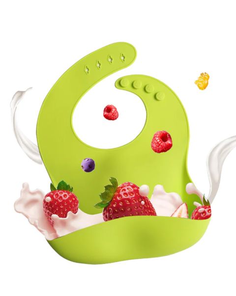 Green silicone baby bib with no-mess pocket