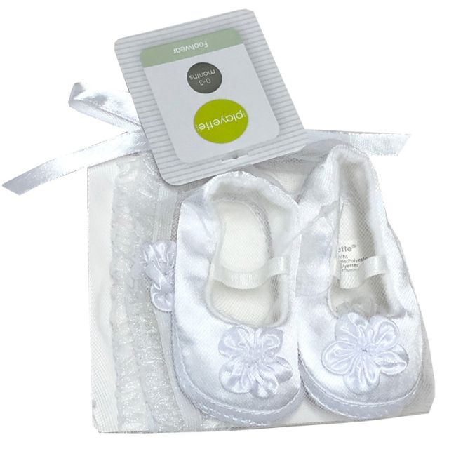 White Satin Shoes & Headband Baby Girl Set